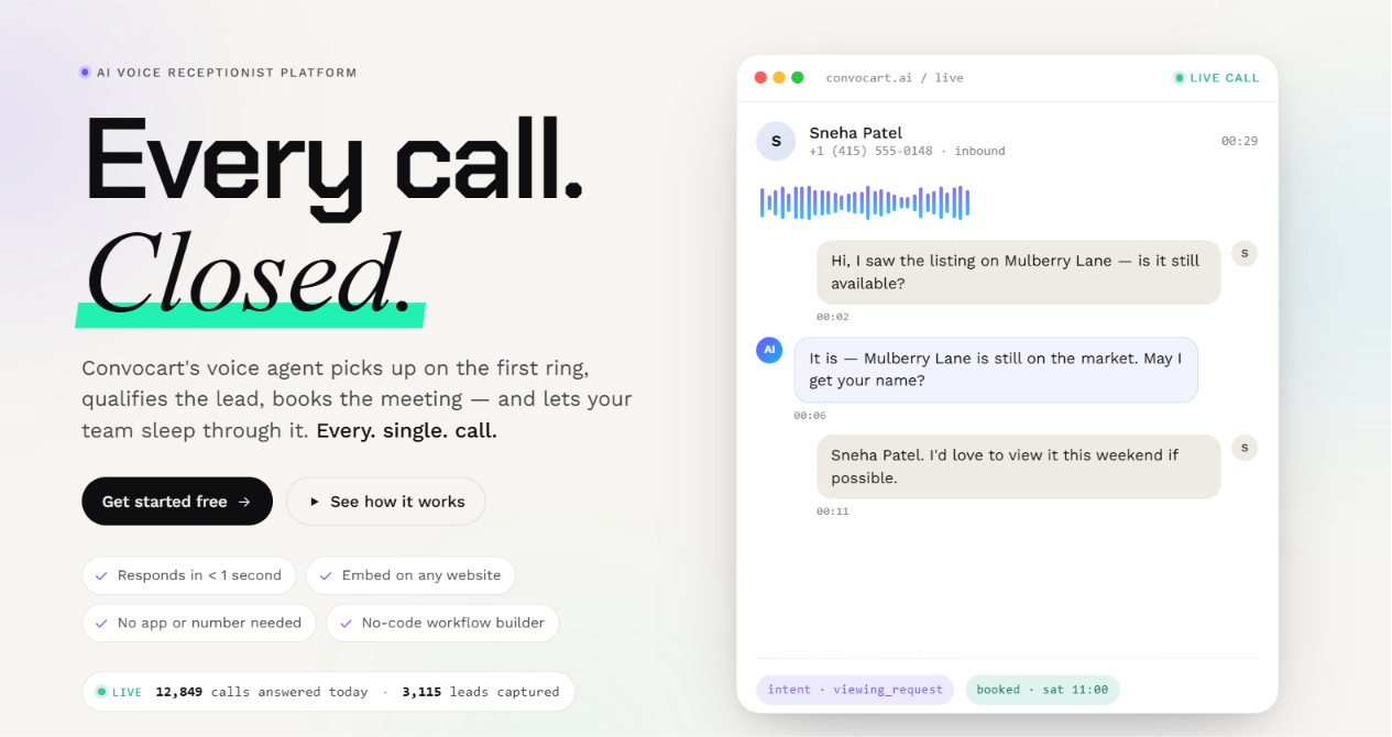 Convocart AI voice agent call dashboard